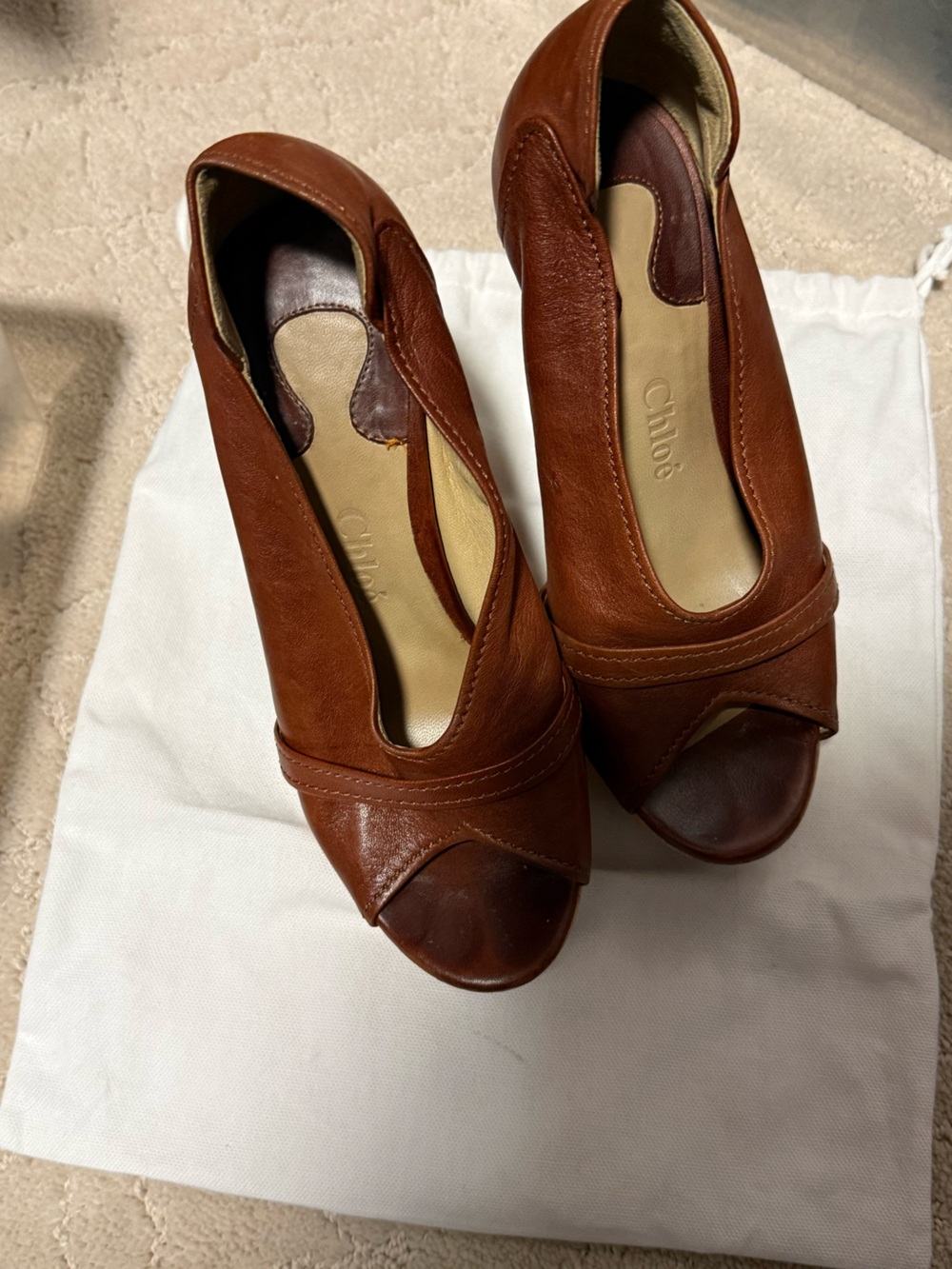 Chloé Cognac Brown Leather Peep-Toe Heels